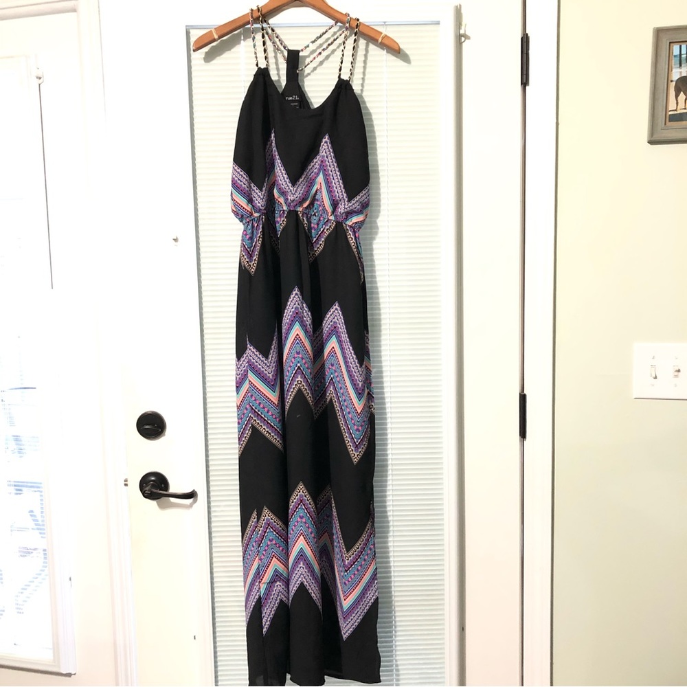 Black multi striped colorful design maxi dress S